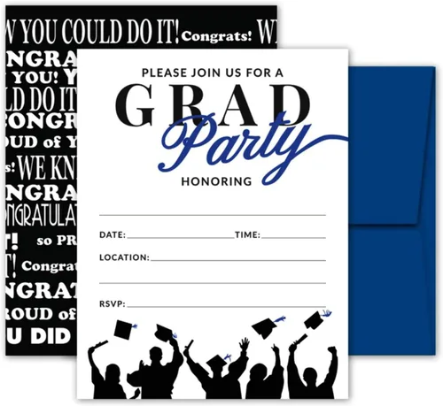 25 invitaciones de fiesta de graduación azules y negras con sobres para universidad, escuela secundaria, celebración o anuncio de graduación
