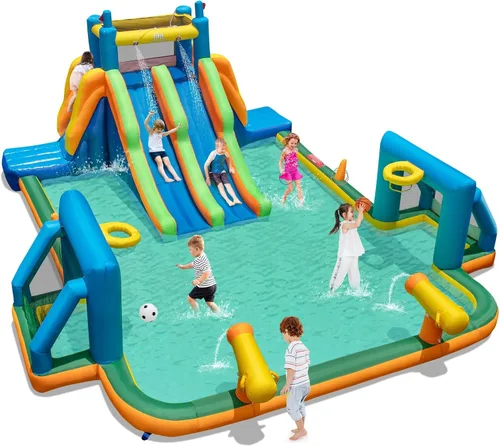 Miniatura 11 de BOUNTECH Tobogán acuático inflable, toboganes de surf duales para niños, parque de toboganes de agua, castillo inflable con 2 anillos de natación