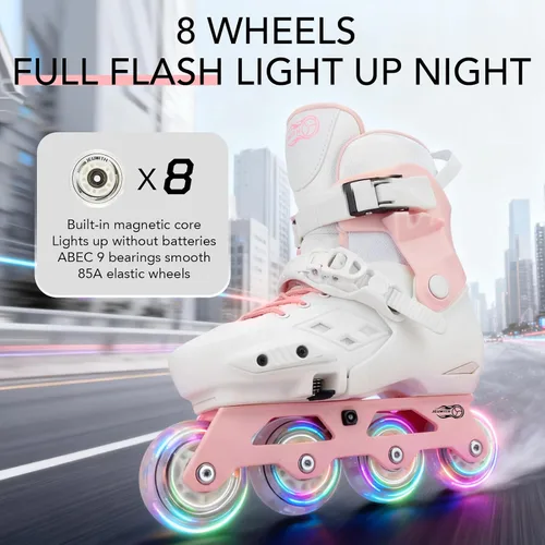 Miniatura 3 de Patines en línea para niños y niñas con ruedas iluminadas, tamaño ajustable, adecuado para principiantes, patines para mujeres, niñas y adultos Rosa