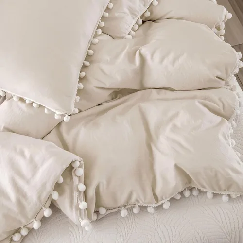 Miniatura 5 de Bedbay Juego de edredón bohemio color beige, edredón con pompones, decoración de habitación estética, bonito juego de ropa de cama con flecos