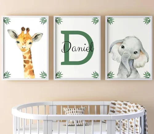 Miniatura 17 de Animales de safari personalizados para habitación de bebé, niño, niña, cuarto de bebé, juego de 3 impresiones sin marco, nombre personalizado, gris