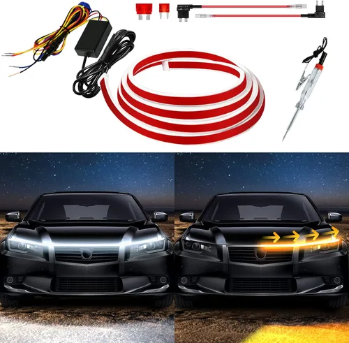 Miniatura 7 de Tira de luz LED para capó exterior del coche, kit de haz de arranque de escaneo dinámico de doble color, luces de circulación diurna LED blancas