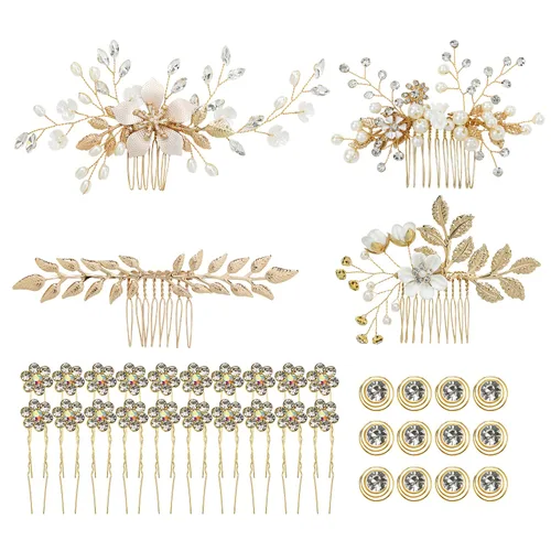 inSowni 36 Pack Horquillas para el pelo de novia con flores doradas y hojas, peines laterales para el pelo de novia+pinzas para el pelo en forma de