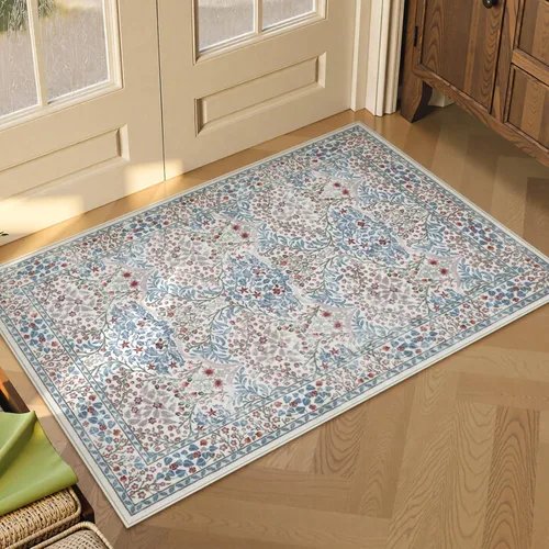 Lahome Tapete floral lavable, suave, para entrada y cocina, 2 x 3 pies, antideslizante, bohemio, ultradelgado, fácil de limpiar, para interior, Azul