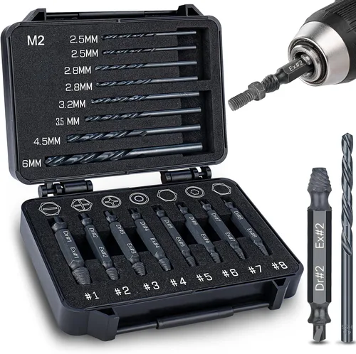 Topec Juego de 16 extractores de tornillos dañados y juego de brocas de giro izquierdo, juego de extractores de tornillos Easy Out con estuche de