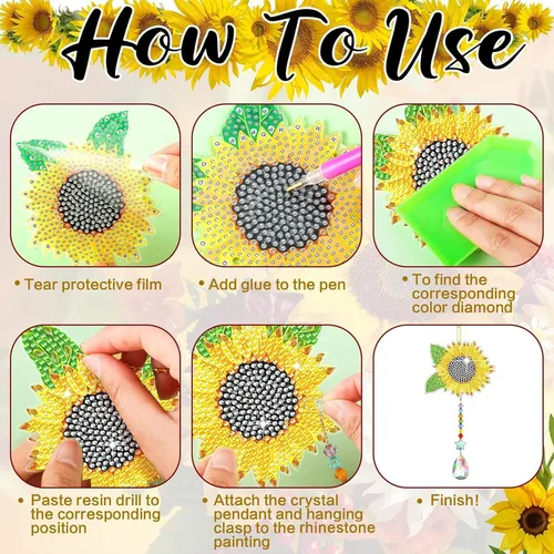 Miniatura 5 de Tradder Juego de 6 piezas de arte de diamantes de girasol, atrapasoles para adultos, campanillas de viento de girasol, adornos de mariposa de doble