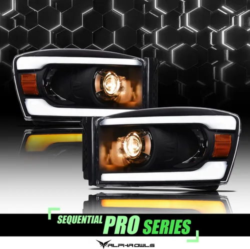 Miniatura 2 de Alpha Owls 8711538 Faros Delanteros de Proyector con Barra LED Secuencial Switchback y Luz de Arranque - Negro Ámbar Compatible con 2006-2008 Dodge