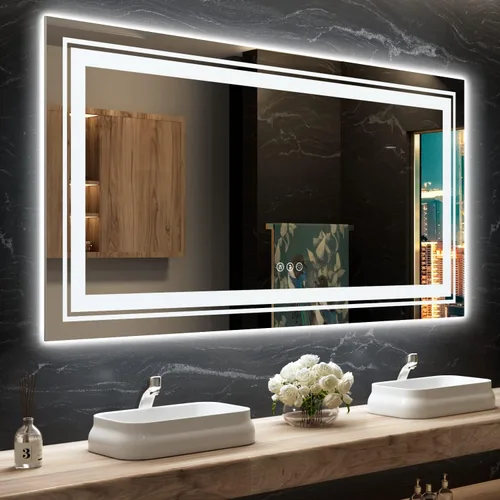 Miniatura 46 de Snowdool Espejo LED de baño, 32 x 32 pulgadas con luz frontal y retroiluminada, antivaho, espejo de tocador de baño para pared, función de memoria