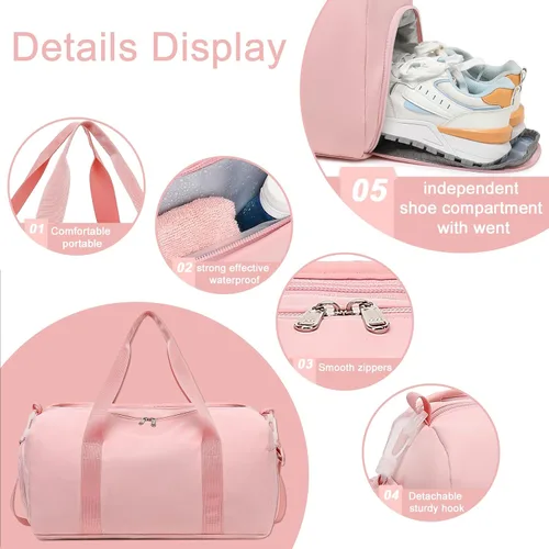 Miniatura 6 de Bolsa de viaje deportiva para gimnasio para hombres y mujeres con compartimento para zapatos, bolsillo húmedo, Rosa (Pure Pink), Bolsa de gimnasio