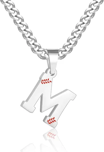 Miniatura 27 de Avotto Collar de béisbol con letra inicial de la A a la Z para niños y hombres, cadena cubana de acero inoxidable resistente que no se decolora