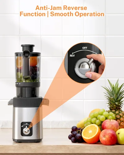 Miniatura 3 de Kndko Exprimidor de prensa en frío con canal de alimentación de 4.35 pulgadas de ancho, máquina de masticación lenta para frutas y verduras enteras