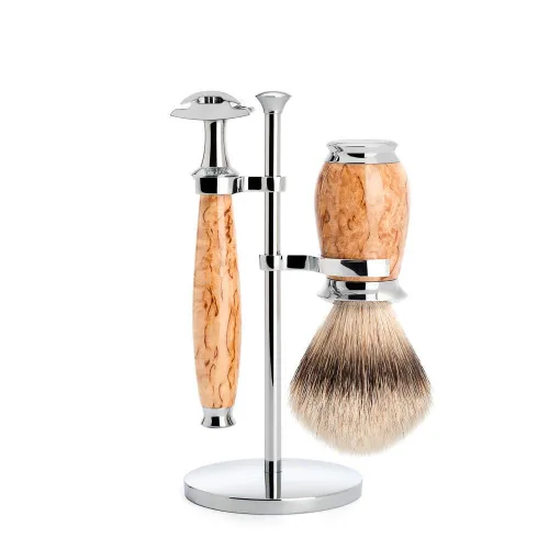 MÜHLE PURIST Karelian Masur Birch Juego de 3 piezas Silvertip Badger Safety Razor Set