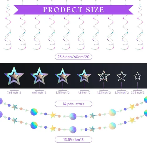 Miniatura 2 de 37 piezas de decoraciones holográficas iridiscentes para fiestas, remolinos con purpurina, guirnalda de galaxia, suministros de fiesta de estrella