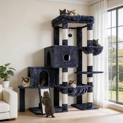 Miniatura 14 de Hey-brother Torre de árbol para gatos, postes rascadores con 3 condominios, canasta grande, cama acogedora, tabla de sisal, camino de escalada paso