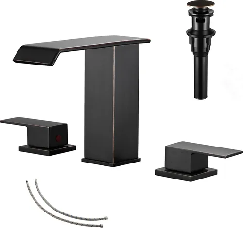 Miniatura 13 de Grifo de baño cromado con cascada de 3 agujeros, 2 manijas, polisehd, cascada cromada, moderna, con drenaje desplegable Cromo