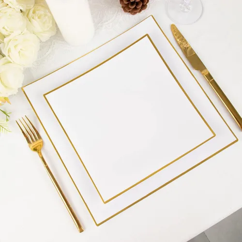 Miniatura 14 de Tableclothsfactory Paquete de 10 platos llanos cuadrados cóncavos de plástico duro de 8 pulgadas negro/dorado, platos desechables para fiestas