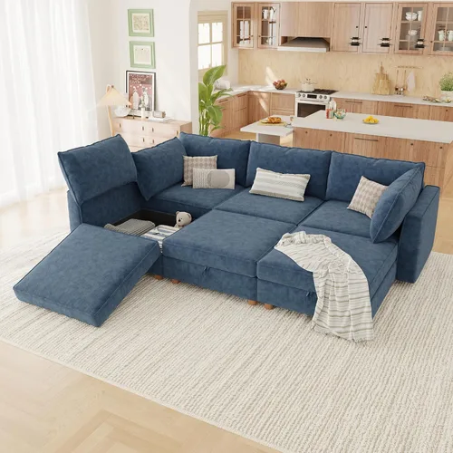 Miniatura 12 de 95.5" Sofá seccional modular de chenilla con almacenamiento oculto, sofá cama convertible en forma de L y U, sofá seccional moderno de 6 plazas