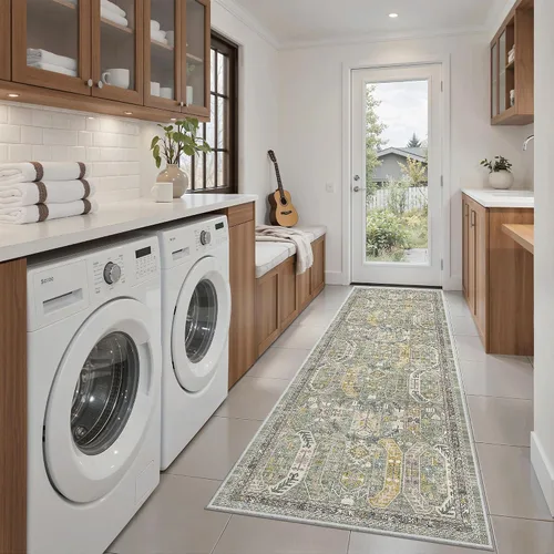 Miniatura 371 de Madane Tapete lavable de 2 x 10 pies para pasillo, cocina, recibidor, clásico, suave, antideslizante para interiores, casa de campo, baño, sala