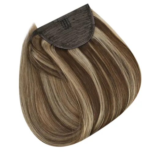 Miniatura 9 de Full Shine - Extensión de cola de caballo con clip, color marrón oscuro con mechas rubio miel, extensión de cabello humano real para mujeres, 14