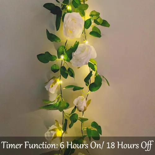 Miniatura 3 de Guirnalda de flores artificiales Fielegen con 20 luces de cadena LED, guirnalda de rosas colgantes de 2 metros con decoración de luces para jardín