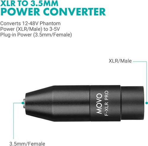 Miniatura 4 de Movo FXLR-PRO 0.138 in (TRS) Adaptador de micrófono hembra Mini-Jack a conector macho XLR de 3 pines con convertidor de alimentación Phantom