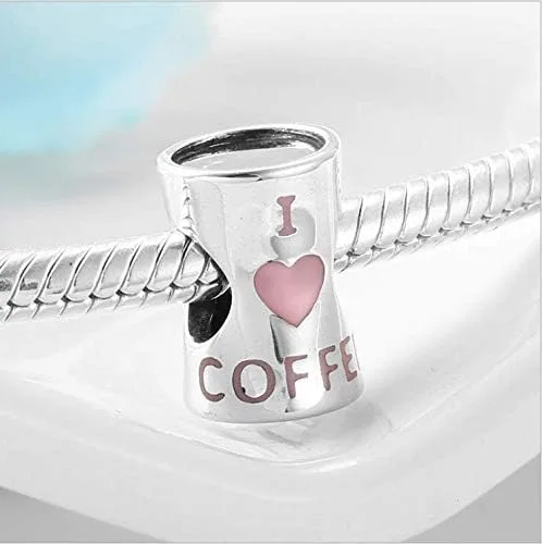Miniatura 2 de ABAOLALA Abalorio de plata de ley 925 con forma de corazón con texto "I Love Coffee Beads".