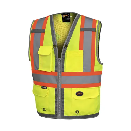 Pioneer Chaleco de seguridad para hombres – Neón reflectante de alta visibilidad, panel trasero de malla fresca, 12 bolsillos, cremallera para Verde