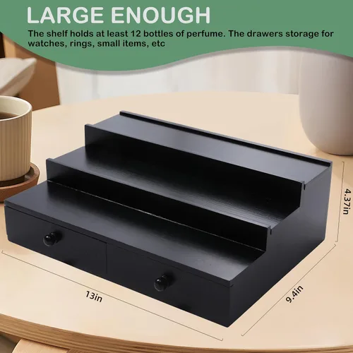 Miniatura 5 de Organizador de colonia Boulphia para hombre, soporte de colonia de 3 niveles con cajón y compartimento oculto, estante de madera para exhibidor