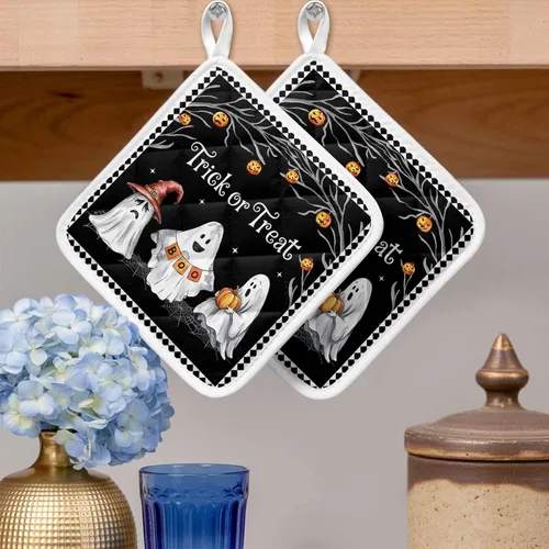 Miniatura 2 de Juego de 2 soportes para ollas de Halloween para cocina, platos de sartén para horno, tapete a prueba de calor con lazo para colgar, agarraderas