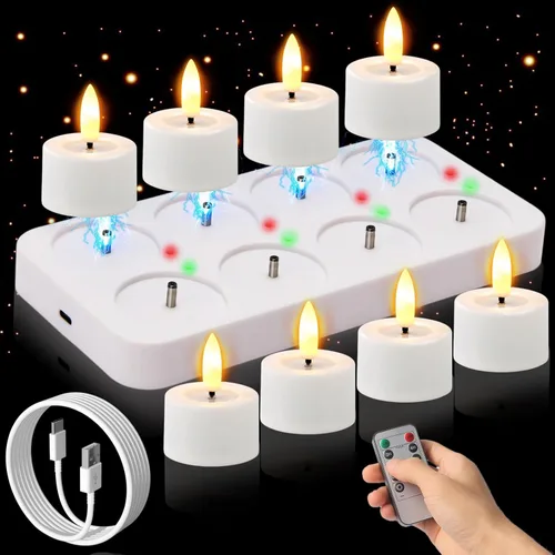 Miniatura 10 de Velas de té recargables sin llama con temporizador Romote, vela votiva pequeña de 1.5 x 2 pulgadas, funciona con pilas con base de carga USB, velas
