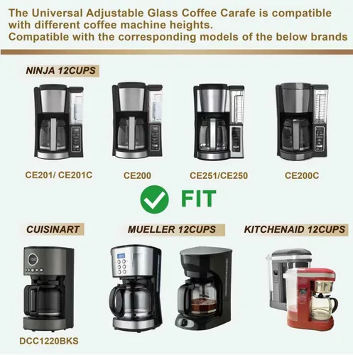 Miniatura 7 de Jarra de café universal de repuesto de vidrio de 12 tazas, compatible con múltiples marcas de cafetera, mango negro