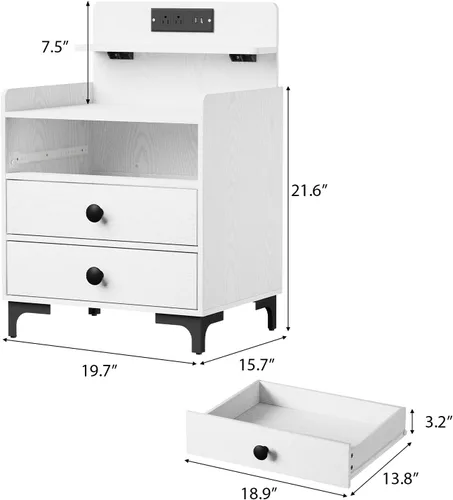Miniatura 3 de Rreyet - Mesita de noche con estación de carga, 3 cajones con puertos USB y estante de almacenamiento abierto, moderna mesita de noche para Blanco