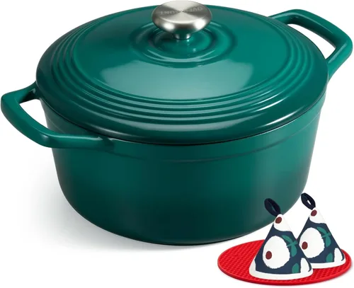 Miniatura 31 de Overmont Horno holandés de hierro fundido esmaltado, olla de 5.5 cuartos de galón con tapa de asas anchas, libro de cocina y agarraderas de algodón