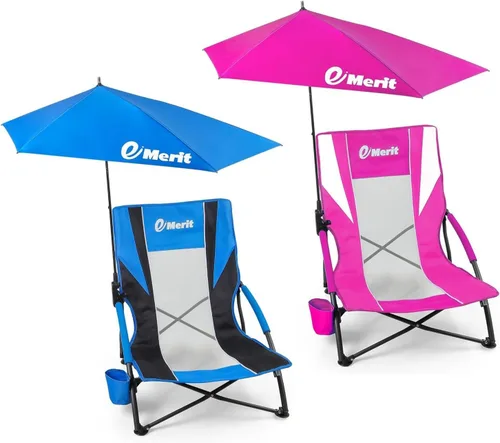 Miniatura 8 de EMERIT Sillas de playa bajas para adultos con paraguas extraíble UPF 50+, mochila plegable ligera silla de camping con soporte para tazas, silla