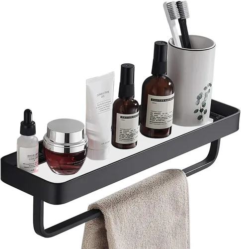 Estante de vidrio templado para baño de 15.7 pulgadas con toallero, organizador de ducha de aluminio montado en la pared, gabinete de almacenamiento