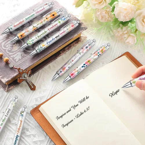 Miniatura 4 de Sabary 20 bolígrafos con versículo bíblico, con frases inspiradoras de flores cristianas, divertidos bolígrafos retráctiles de tinta para oficina