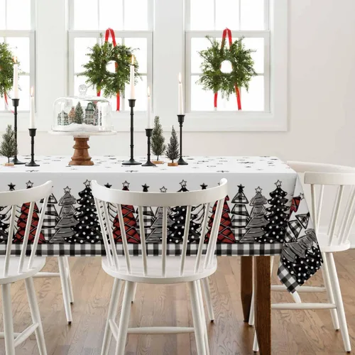 Miniatura 5 de Horaldaily 1 paquete de mantel desechable de Navidad, cubierta de mesa rectangular de plástico con árboles de nieve para decoración de fiesta