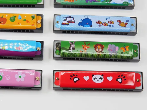 Miniatura 7 de 12 piezas de armónicas para niños a granel Juguetes de instrumentos musicales de 16 agujeros para regalos de fiesta de cumpleaños, rellenos