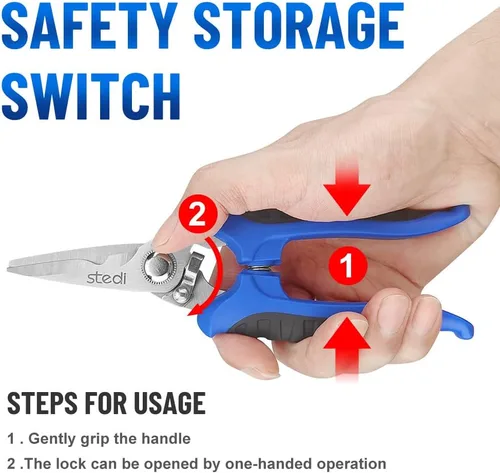 Miniatura 3 de stedi Tijeras resistentes, tijeras multiusos con cuchillas finamente dentadas, muesca de cable eléctrico de fácil corte, aislamiento, mango cómodo