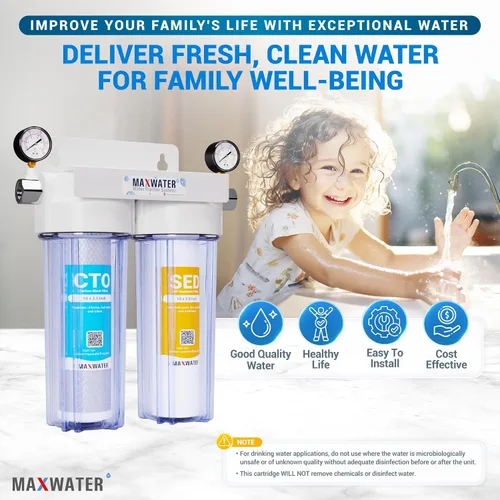 Miniatura 7 de Max Water 2 Etapas (Sedimento, Olor y Mejora del Sabor) Sistema de Filtración de Agua Estándar para Toda la Casa de 10 Pulgadas con Manómetro