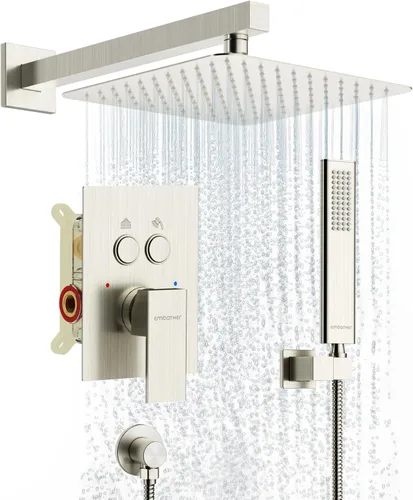 Miniatura 10 de Juegos de sistema de grifería de ducha negros: EMBATHER Juego combinado de ducha con cabezal de lluvia superior de 10 pulgadas con ducha de mano