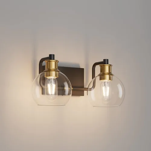 Tipace 2 luces vintage para tocador de baño sobre espejo, luces industriales negras y doradas, con globo de vidrio transparente para pared (excluye