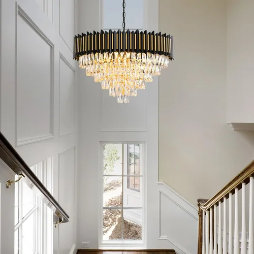 Miniatura 3 de Candelabro moderno de cristal negro y dorado de 15 luces para comedor, sala de estar, redondo, 6 niveles, contemporáneo, colgante de techo, lámpara