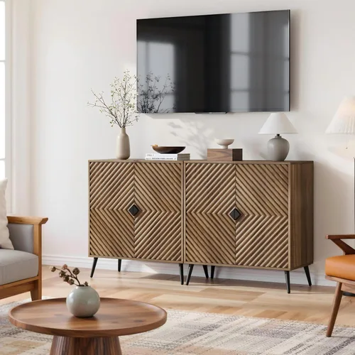 Miniatura 6 de Aparador con estante ajustable, buffet pequeño de nogal independiente con almacenamiento, gabinete de consola de madera con puertas de parquetería