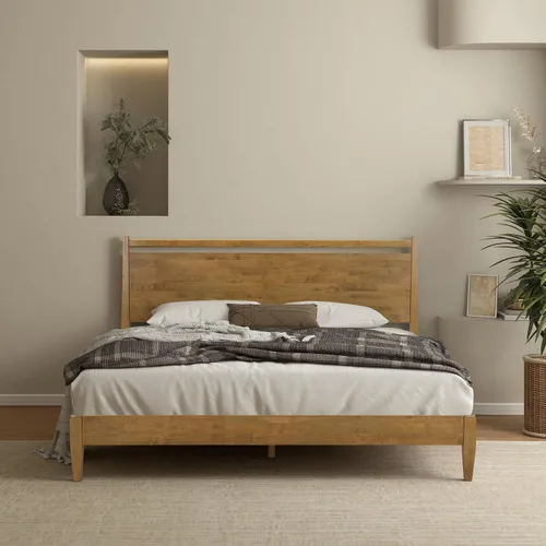 Miniatura 9 de NTC Adept Marco de cama de madera con cabecero, base de madera de roble macizo y caucho con listones silenciosos y soportes centrales de madera