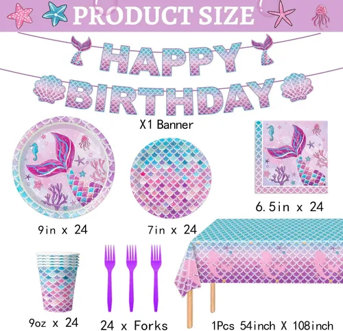 Miniatura 2 de Juego de 122 decoraciones para fiesta de cumpleaños de sirena, incluye platos, servilleta, tenedor, taza, mantel, pancarta para baby shower