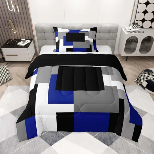 Miniatura 41 de jejeloiu Juego de edredón geométrico para niños, tamaño individual, diseño de rayas de color negro, blanco y gris, juego de ropa de cama decorativo