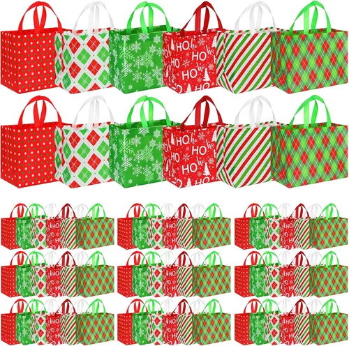 Miniatura 11 de Sanwuta 24 Bolsas de Navidad a Granel para Regalos 12.8 x 9.8 x 6.7 Pulgadas Bolsas Grandes de Transporte para Comestibles con Asas Rojas Verdes a