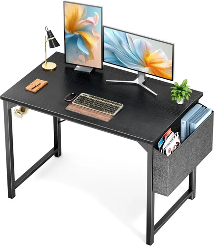 Miniatura 9 de Sweetcrispy Escritorio de oficina pequeño para computadora de 32 pulgadas, para estudiar, escribir, trabajar con marco de metal, mesa de madera