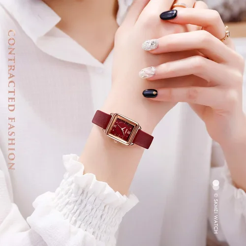 Miniatura 4 de SKMEI Reloj de mujer, elegante reloj de pulsera rectangular de cuero para damas, reloj analógico de cuarzo impermeable para mujer, Rojo-d